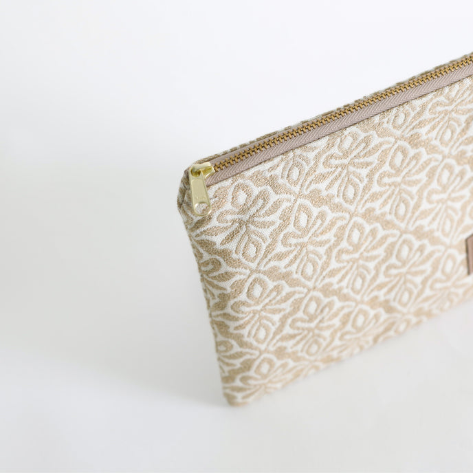 Patterned pouch with a zipper on a white background